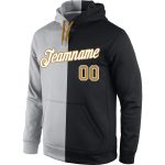 Custom Name Number Personalized Pullover Hoodie Sports Sweatshirt Gray Old Gold Black Split Design Personalized Stitched
