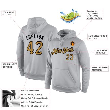 Custom Name and Number Gray Black Gold Sports Hoodie Sweatshirt Pullover Personalized Stitched Gray Old Gold-Black Sports