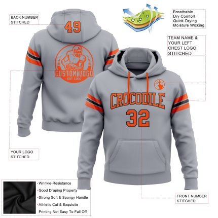 Custom Team Hoodie with Name and Number - Gray Orange-Black Football Sweatshirt Personalized Stitched Gray Orange-Black Football