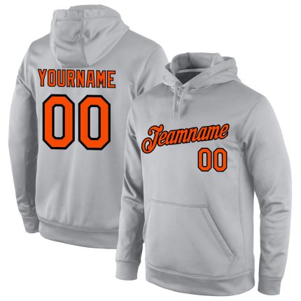 Personalized Sports Pullover Hoodie Gray Orange-Black Stitched Sweatshirt Personalized Stitched Gray Orange-Black Sports