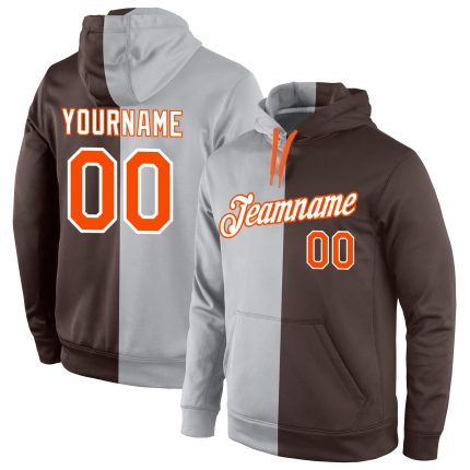 Custom Name & Number Sports Hoodie - Personalized Gray Orange-Brown Split Pullover Sweatshirt Personalized Stitched Gray
