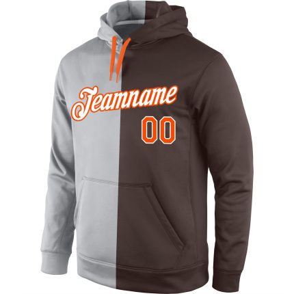 Custom Name & Number Sports Hoodie - Personalized Gray Orange-Brown Split Pullover Sweatshirt Personalized Stitched Gray