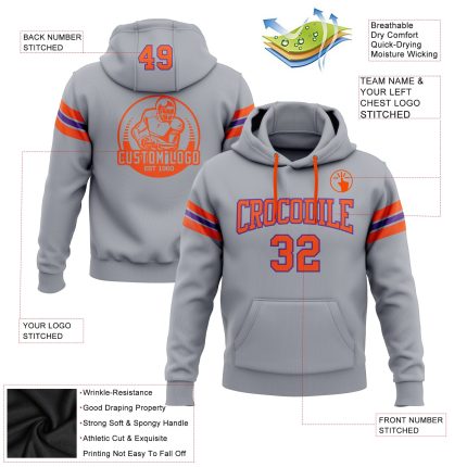 Custom Name and Number Personalized Football Hoodie - Gray Orange-Purple Stitched Pullover Sweatshirt Personalized Stitched