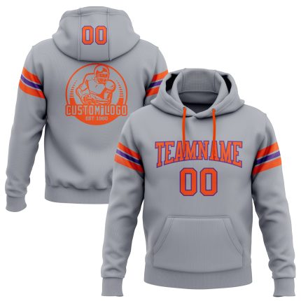 Custom Name and Number Personalized Football Hoodie - Gray Orange-Purple Stitched Pullover Sweatshirt Personalized Stitched