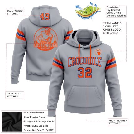 Custom Team Football Hoodie Sweatshirt with Personalized Name and Number - Stitched Gray Orange-Royal Design Personalized