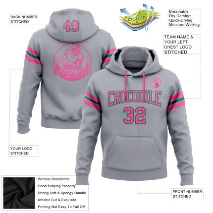 Custom Football Hoodie with Name and Number - Personalized Gray Pink Kelly Green Pullover Sweatshirt Personalized Stitched