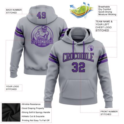 Custom Name Number Gray Purple Black Football Hoodie Personalized Sweatshirt Pullover Personalized Stitched Gray Purple-Black