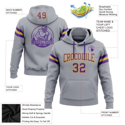 Custom Gray Purple Gold Football Hoodie Sweatshirt with Personalized Name and Number - Team Apparel Personalized Stitched
