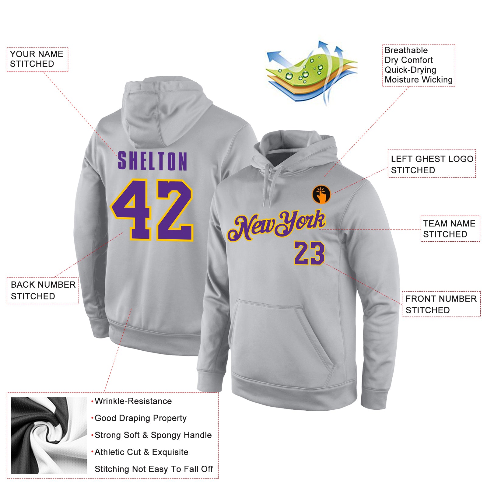 Personalized Stitched Gray Purple-Gold Sports Pullover Sweatshirt Hoodie Team Custom Name and Number Custom Gray Purple-Gold Sports Hoodie with Team Name and Number | Personalized Stitched Pullover Sweatshirt Personalized - Image 4