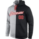 Custom Team Hoodie with Personalized Name & Number - Gray Red-Black Split Fashion Sports Pullover Sweatshirt Personalized