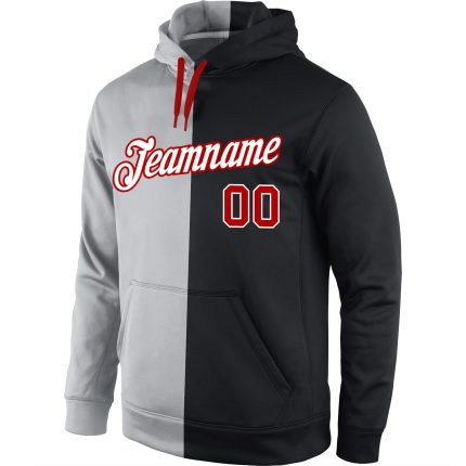 Custom Team Hoodie with Personalized Name & Number - Gray Red-Black Split Fashion Sports Pullover Sweatshirt Personalized