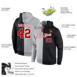 Custom Team Hoodie with Personalized Name & Number - Gray Red-Black Split Fashion Sports Pullover Sweatshirt Personalized