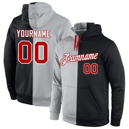 Custom Team Hoodie with Personalized Name & Number - Gray Red-Black Split Fashion Sports Pullover Sweatshirt Personalized
