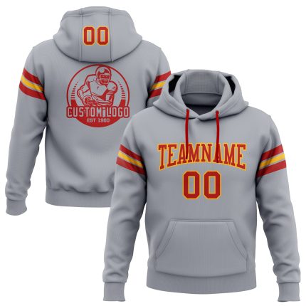 Custom Team Name Number Gray Red-Gold Football Hoodie Sweatshirt Pullover Personalized Stitched Gray Red-Gold Football Pullover