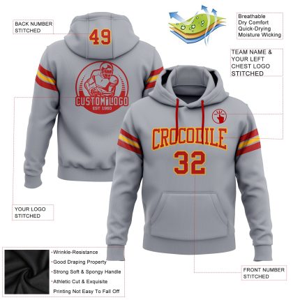Custom Team Name Number Gray Red-Gold Football Hoodie Sweatshirt Pullover Personalized Stitched Gray Red-Gold Football Pullover