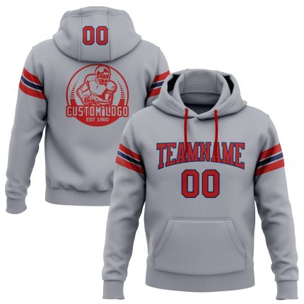 Custom Name Number Football Hoodie Personalized Stitched Gray Red-Navy Sweatshirt Pullover for Teams Personalized Stitched