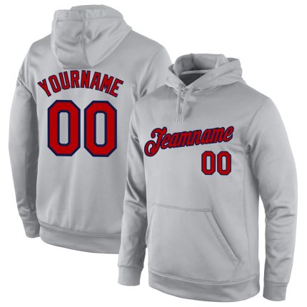 Custom Sports Hoodie Personalized with Name & Number - Gray Red-Navy Stitched Pullover Sweatshirt Personalized Stitched Gray