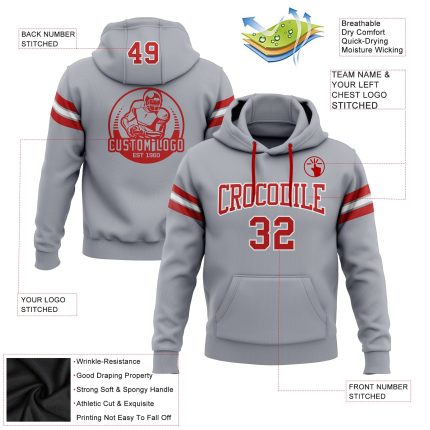 Custom Gray Red-White Football Hoodie with Personalized Name and Number, Stitched Pullover Sweatshirt Personalized Stitched