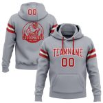 Custom Gray Red-White Football Hoodie with Personalized Name and Number, Stitched Pullover Sweatshirt Personalized Stitched