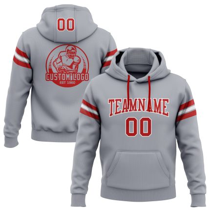 Custom Gray Red-White Football Hoodie with Personalized Name and Number, Stitched Pullover Sweatshirt Personalized Stitched