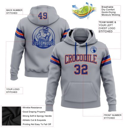 Custom Name and Number Gray Orange Football Hoodie Pullover Sweatshirt Personalized Team Gear Personalized Stitched Gray