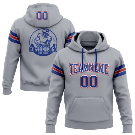 Custom Name Number Stitched Football Hoodie Gray Red Sweatshirt Personalized Team Pullover Personalized Stitched Gray Royal-Red