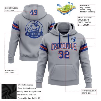 Custom Name Number Stitched Football Hoodie Gray Red Sweatshirt Personalized Team Pullover Personalized Stitched Gray Royal-Red