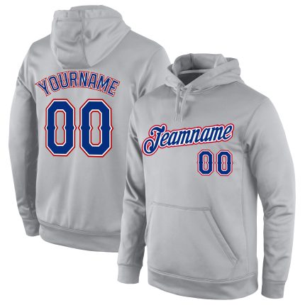 Personalized Gray Royal-Red Sports Hoodie Pullover Sweatshirt for Men and Women Personalized Stitched Gray Royal-Red Sports