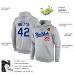 Custom Name and Number Sports Hoodie Pullover Sweatshirt in Gray with Royal-Red Stitched Design - Personalized Team Apparel