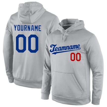 Custom Name and Number Sports Hoodie Pullover Sweatshirt in Gray with Royal-Red Stitched Design - Personalized Team Apparel