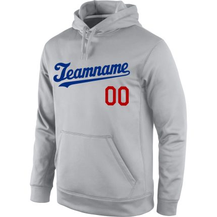 Custom Name and Number Sports Hoodie Pullover Sweatshirt in Gray with Royal-Red Stitched Design - Personalized Team Apparel