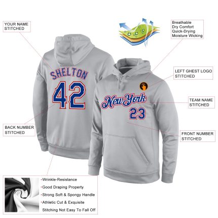 Personalized Gray Royal-Red Sports Hoodie Pullover Sweatshirt for Men and Women Personalized Stitched Gray Royal-Red Sports