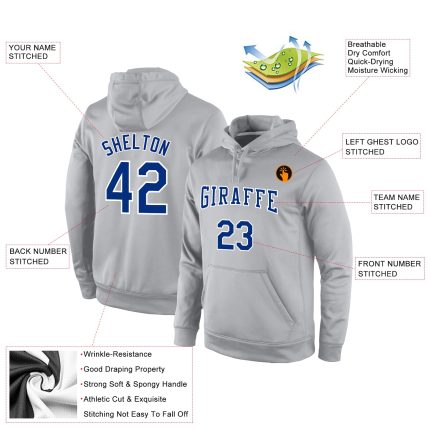 Custom Name and Number Gray Royal Sports Hoodie Pullover Sweatshirt - Personalized Team Apparel Personalized Stitched Gray