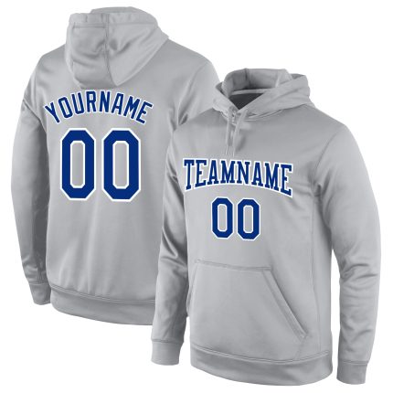 Custom Name and Number Gray Royal Sports Hoodie Pullover Sweatshirt - Personalized Team Apparel Personalized Stitched Gray