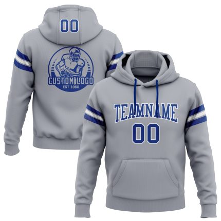 Custom Team Name Number Gray Royal-White Football Hoodie Sweatshirt Personalized Stitched Pullover Personalized Stitched