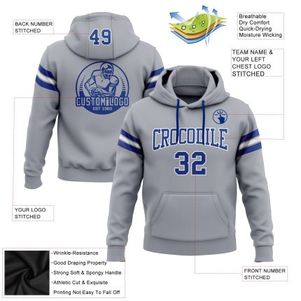 Custom Team Name Number Gray Royal-White Football Hoodie Sweatshirt Personalized Stitched Pullover Personalized Stitched