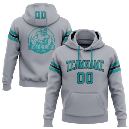 Custom Name Number Personalized Football Hoodie Sweatshirt Teal Black Gray Pullover Personalized Stitched Gray Teal-Black