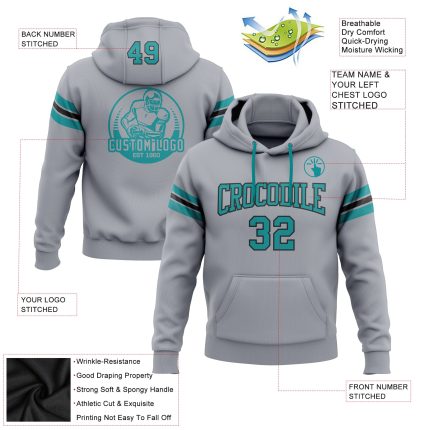 Custom Name Number Personalized Football Hoodie Sweatshirt Teal Black Gray Pullover Personalized Stitched Gray Teal-Black