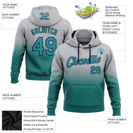 Custom Name Number Sports Hoodie Sweatshirt - Personalized Gray Teal Navy Fade Pullover Fashion Style Personalized Stitched
