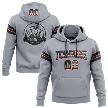 Custom Name Sports Hoodie Personalized Vintage USA Flag Gray Football Pullover Sweatshirt Black-Crimson Personalized Stitched