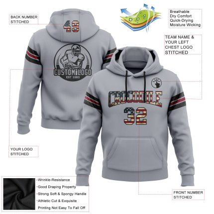 Custom Name Sports Hoodie Personalized Vintage USA Flag Gray Football Pullover Sweatshirt Black-Crimson Personalized Stitched