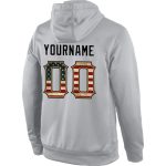 Custom Name & Number Vintage USA Flag Hoodie - Gray Pullover Sweatshirt with Old Gold Sports Design Personalized Stitched