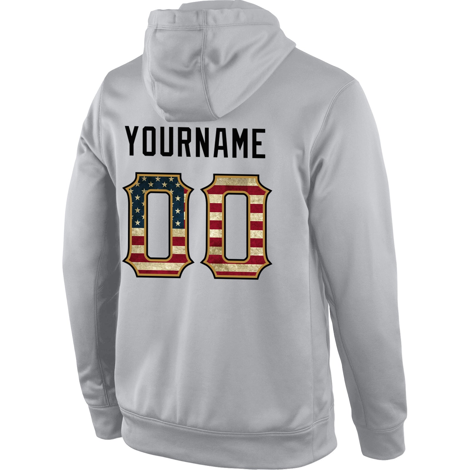 Personalized Stitched Gray Vintage USA Flag-Old Gold Sports Pullover Sweatshirt Hoodie Team Custom Name and Number Custom Name & Number Vintage USA Flag Hoodie - Gray Pullover Sweatshirt with Old Gold Sports Design Personalized Stitched - Image 3