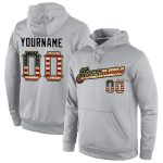Custom Name & Number Vintage USA Flag Hoodie - Gray Pullover Sweatshirt with Old Gold Sports Design Personalized Stitched