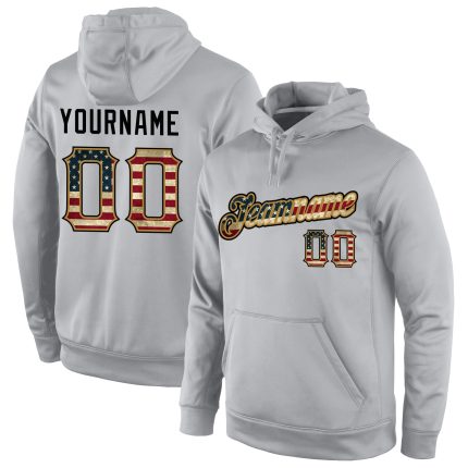 Custom Name & Number Vintage USA Flag Hoodie - Gray Pullover Sweatshirt with Old Gold Sports Design Personalized Stitched