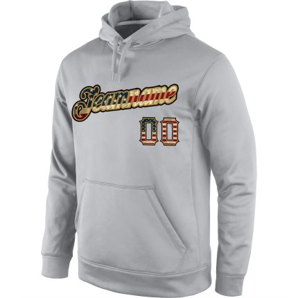 Custom Name & Number Vintage USA Flag Hoodie - Gray Pullover Sweatshirt with Old Gold Sports Design Personalized Stitched