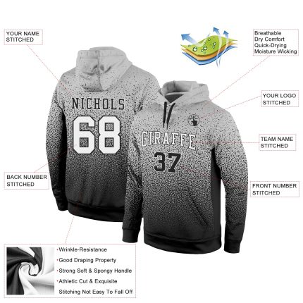 Custom Name and Number Sports Hoodie - Personalized Gray Black Fade Pullover Sweatshirt for Team Wear Personalized Stitched