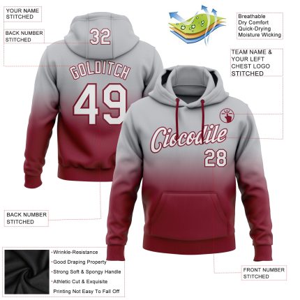 Custom Team Hoodie with Name and Number - Personalized Gray White Crimson Fade Sports Pullover Sweatshirt Personalized Stitched