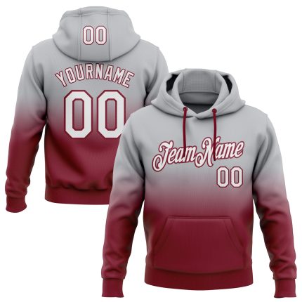 Custom Team Hoodie with Name and Number - Personalized Gray White Crimson Fade Sports Pullover Sweatshirt Personalized Stitched