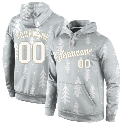 Custom Name and Number 3D Sports Hoodie - Gray White Old Gold Christmas Pullover Sweatshirt Personalized Stitched Gray White-Old